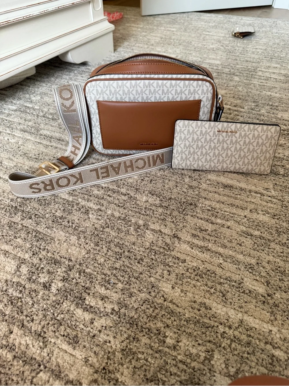 Michael Kors Beige and Brown Logo Crossbody with a matching wallet